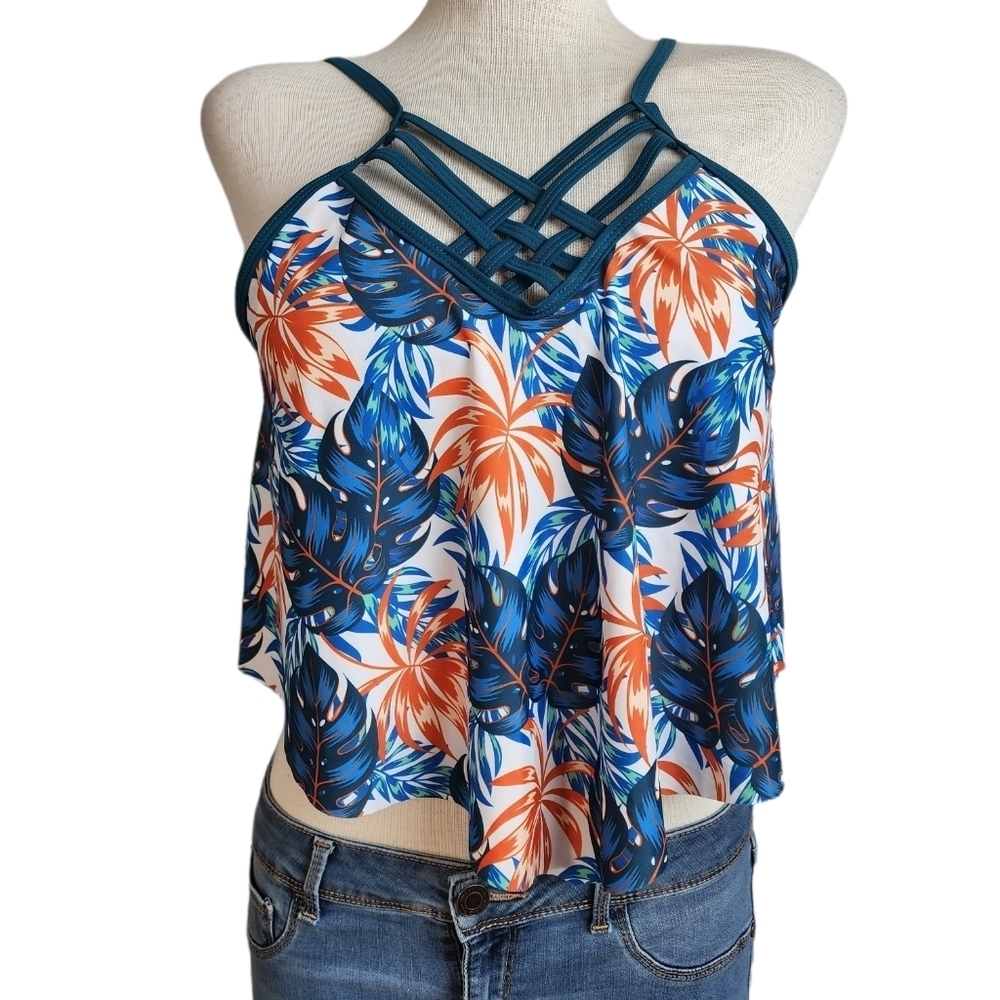 Teal  Tropical Floral Print V - Neck Padded Bra Tankini Women's Swim Top  Size L